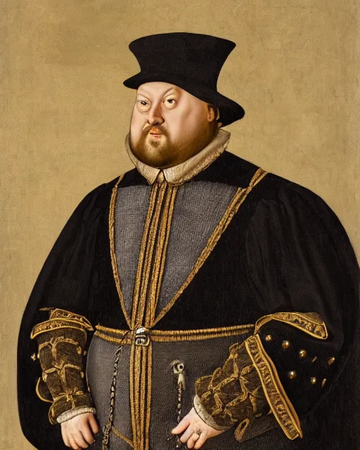 Image similar to fat gray cat with yellow eyes dressed like henry viii, tudor period menswear, hans holbein the younger, greg rutkowski, royal portrait, painting