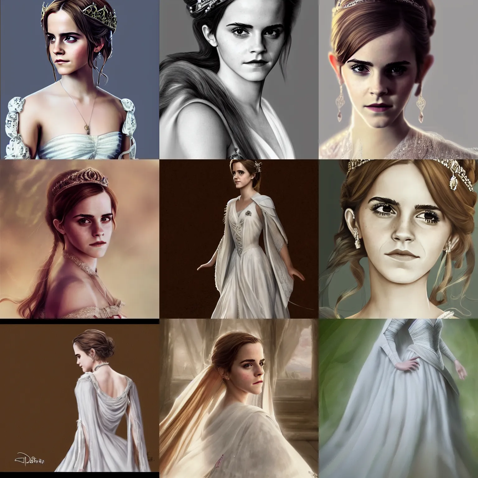 Prompt: Emma Watson as a Princess, very detailed, long flowing white robe, portrait photography, high quality, photorealism, trending on artstation,