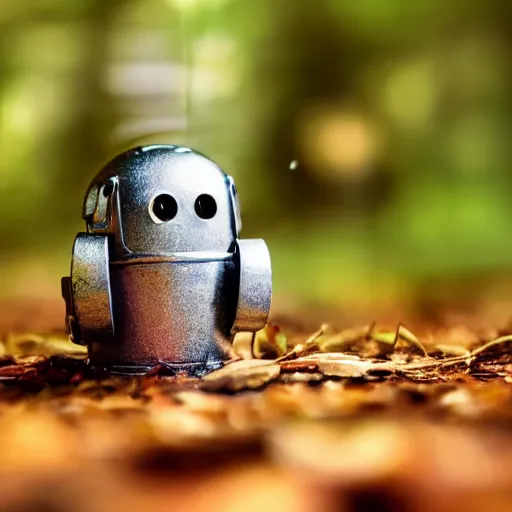 Prompt: A tiny, tin robot, in a green forest holding a leaf over his head to shield him from the wet rain. dew drops. cinematic lighting, cute.