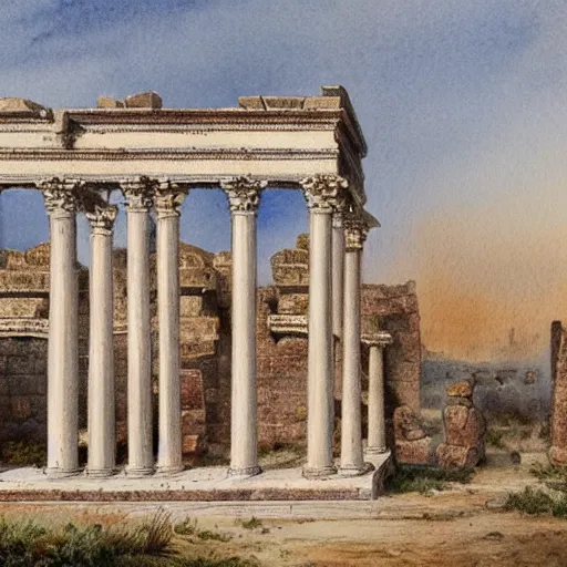 Prompt: detailed 1 9 th century architectural watercolor illustration of ornate hellenistic ruins