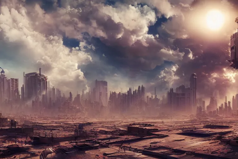 Prompt: a matte painting of an abandoned cyberpunk city in the middle of the desert, windy, clouds, ray of sunlight, beeple, ultra wide angle, light effect