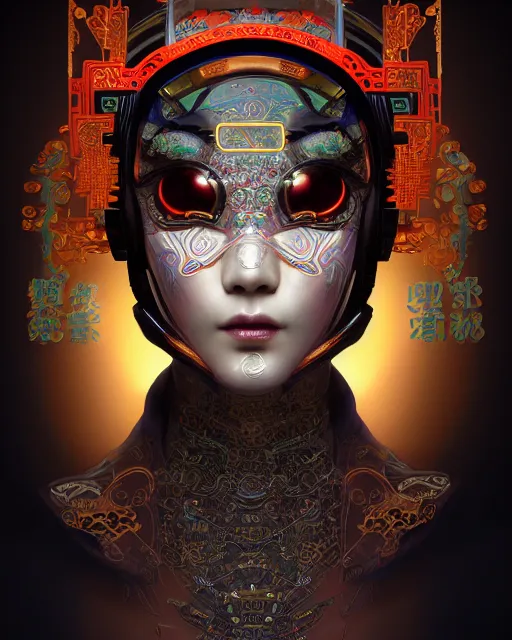 Image similar to portrait of a cyberpunk machine, machine face, upper half portrait, decorated with chinese opera motifs, asian, fine china, traditional chinese art, intricate, elegant, highly detailed, symmetry, headpiece, digital painting, artstation, concept art, smooth, sharp focus, illustration, art by artgerm and greg rutkowski and alphonse mucha, 8 k