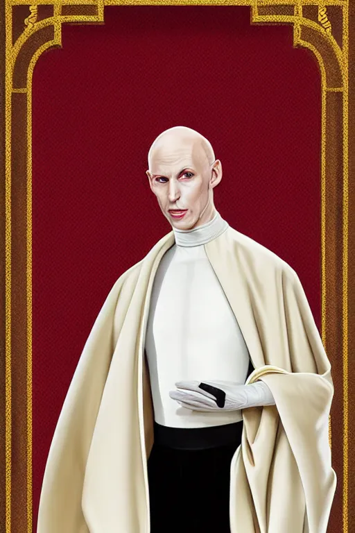 Image similar to a bald pale man in his late ninetees. stately and dour in his expression. eyeliner accentuates his sunken eyes. a high black turtleneck covers his thin neck. opulent white golden red robe. white leather gloves with gold decoration, sharp focus, illustration, digital painting, art by magali villeneuve