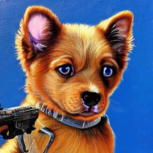 Image similar to a puppy with UV neon fur holding a gun.Painting by James Gurney