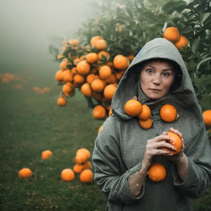 Image similar to a closeup portrait of a woman wearing a hood made of muddy hazmat hood, picking oranges from a tree in an orchard, foggy, moody, photograph, by vincent desiderio, canon eos c 3 0 0, ƒ 1. 8, 3 5 mm, 8 k, medium - format print