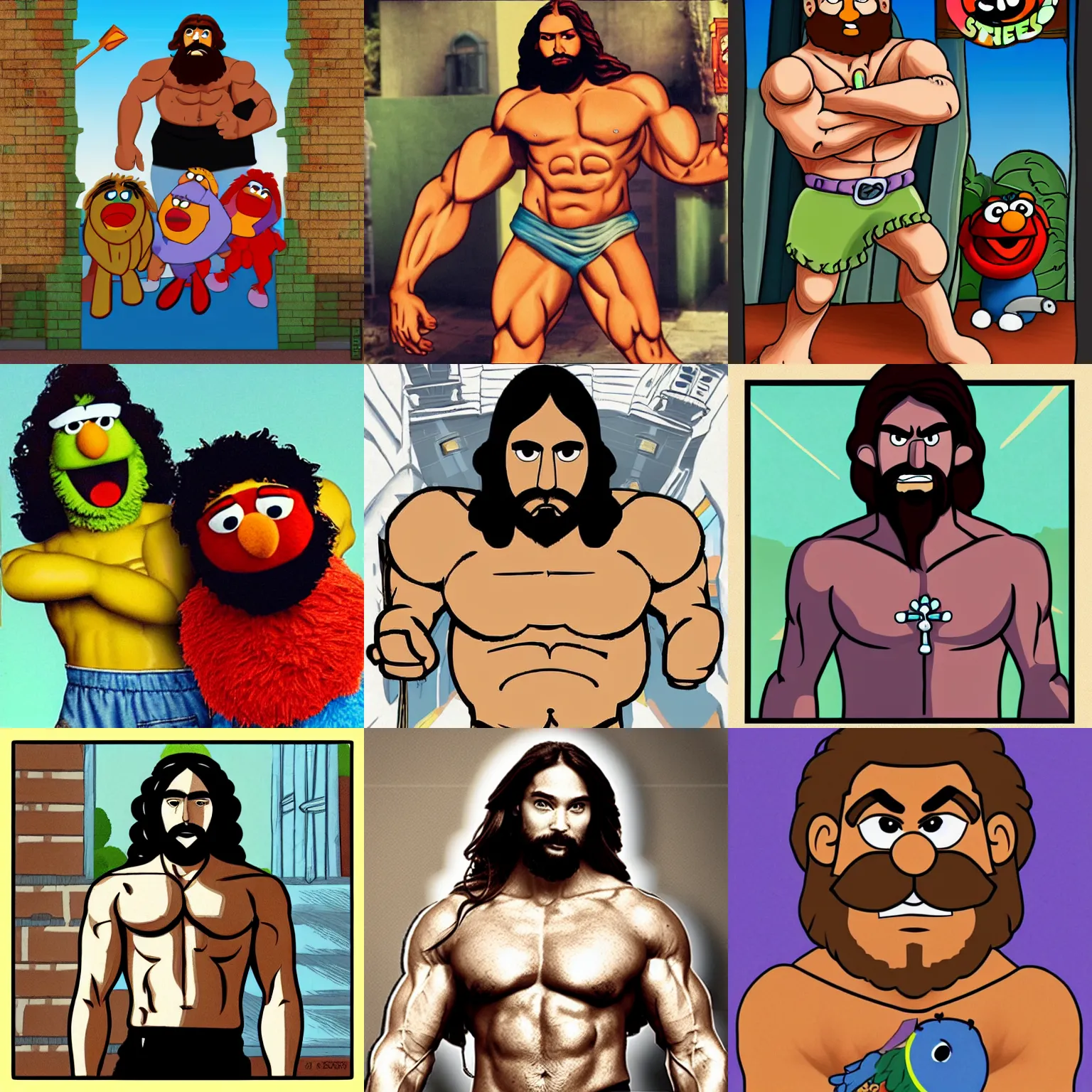 Prompt: buff jesus in the style of sesame street