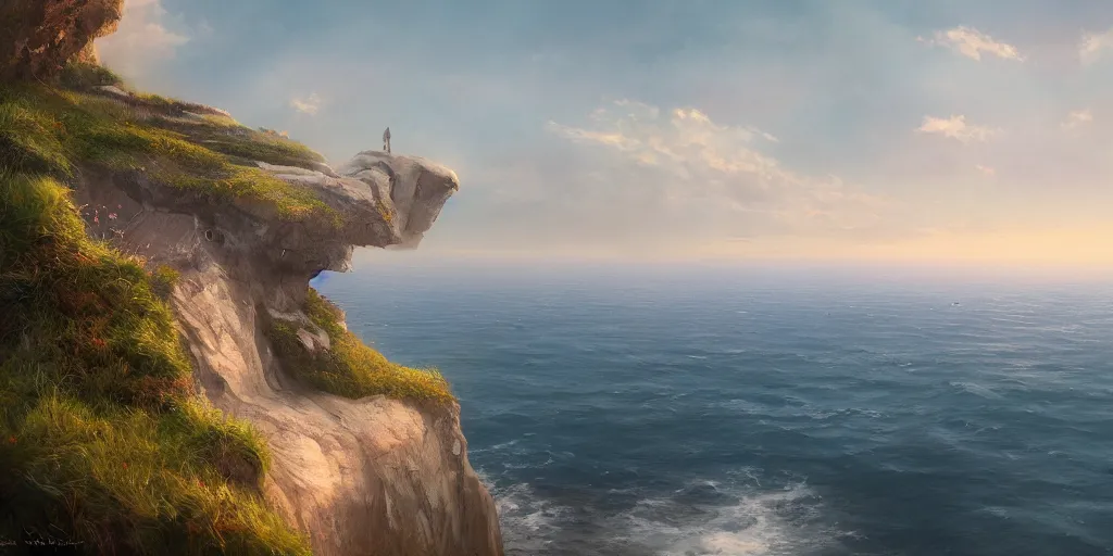 Prompt: Field on the edge of a cliff overlooking the ocean by Jessica Rossier, trending on art station