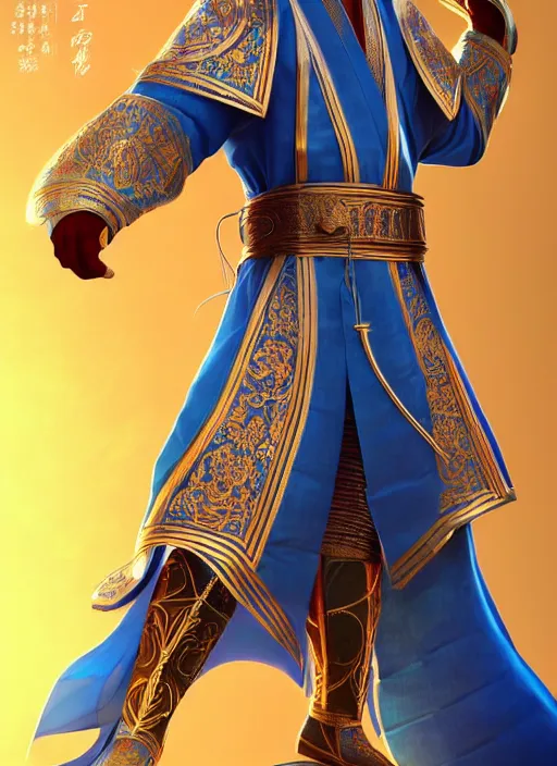 Image similar to male mongolian martial artist!!!! blue eyes!! intricate ornate blue robes!! character concept art, sharp focus, octane render! unreal engine 5! highly rendered!! trending on artstation!! detailed linework!! illustration by artgerm, wlop, and chie yoshii