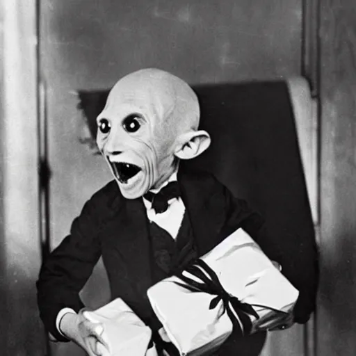 Prompt: adorable count orlok opening presents on christmas, vintage photograph, 4 k