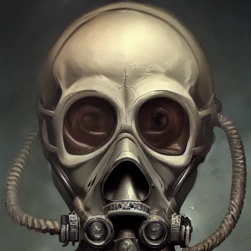 Prompt: a portrait painting of a skull wearing a gasmask, digital painting, hyper realistic, very detailed, in the style of greg rutkowski,
