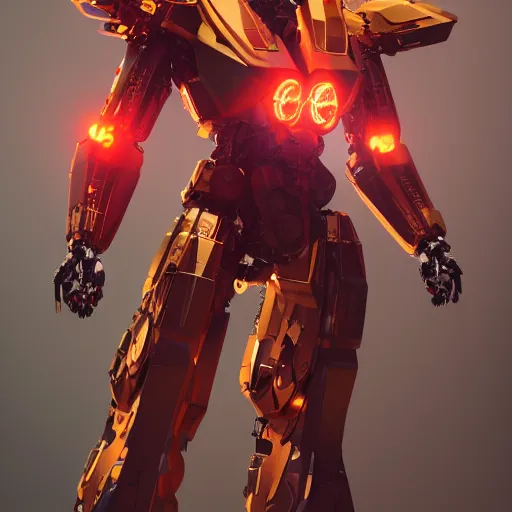 Prompt: cyborg eagle with red lenses and golden helmet, mecha, hard surface, hyper realistic, by eddie mendoza, volumetric lighting, foggy, orange glow, octane render