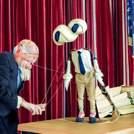 Image similar to puppeteer using marionette of a president in a podium