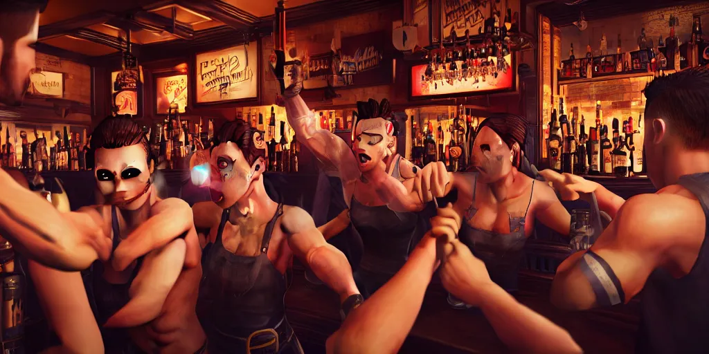 Prompt: a photo of a bar fight inside a pub between cosplayers, Leica, symmetrical faces, muscles, detailed faces, accurate faces, 4k, 3D render, hyperrealism, editorial, photorealistic, crisp details, sharp focus, wide angle lens, octane render, cinematic lighting