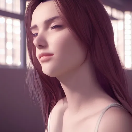 Prompt: portrait of 2 2 - year - old woman with angle 9 0 ° very beautifull sexy looking away smell fresh air, 8 k, cinematic scene, unreal engine, trending