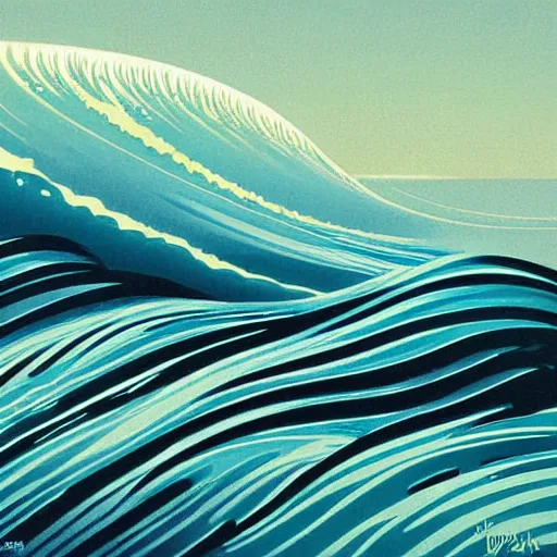 Prompt: waves crashing on the shore, by eyvind earle