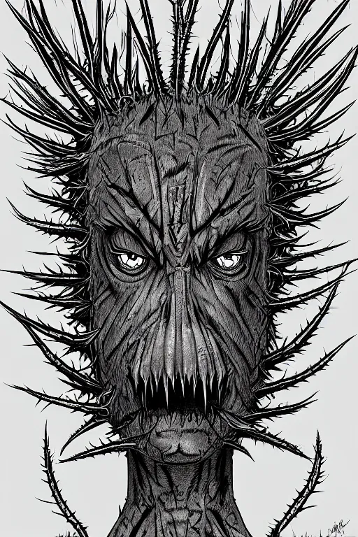 Image similar to thistle monster humanoid figure, symmetrical, highly detailed, digital art, needles, thorns, sharp focus, trending on art station, kentaro miura manga art style