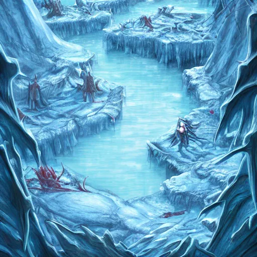 Prompt: a d & d map of a frozen lake with monsters beneath the ice, high quality digital art, gridless, vivid, blue tones, oil painting, trending on arstation, oil painting