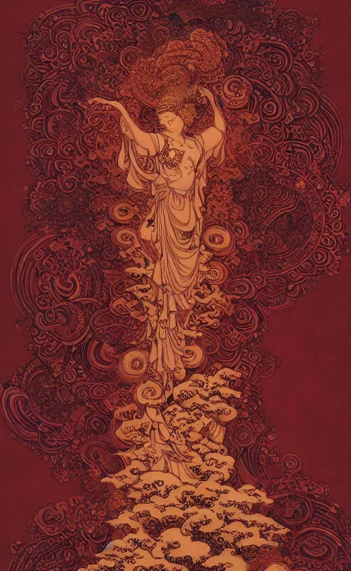 Prompt: masterpiece dark red paper with intricate designs, tarot card, a mandelbulb fractal southeast asian diety statue, full of golden layers, flowers, clouds, vines, mushrooms, swirls, curls, wave by Hokusai and Mike Mignola, trending on artstation, elaborate illustration, beautiful hands close to a candle in dark room, cinematic, powerful, moon beams dramatic light, highly, intricate elements, detailed, digital painting, artstation, concept art, sharp focus, illustration, art by artgerm