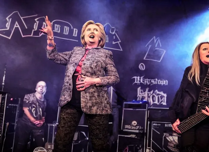 Image similar to publicity photo still of hillary clinton in a death metal band playing live on stage, 8 k, live concert lighting, mid shot