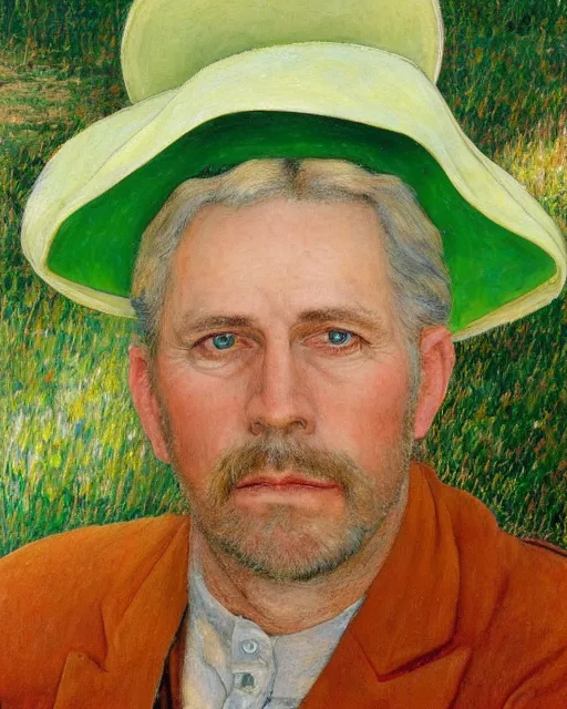 Image similar to a painting of brent spiner with a green hat by ernest bieler, shutterstock contest winner, german romanticism, wimmelbilder, detailed painting, 8 k