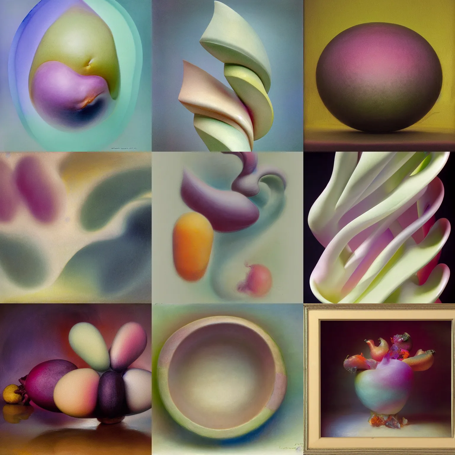 Prompt: one asymmetrical biomorphic form with ombre pastel colors, by thomas moran, professional fruit photography