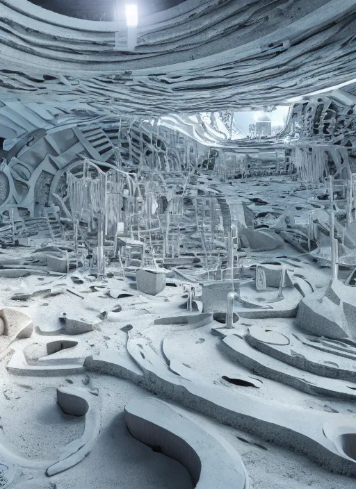 Image similar to bioremediation white mining tailing futuristic horizontal architecture model in biennale, art exhibition, architecture installation in arsenale venezia, epic, cinematic, hyperealistic, high detailed, corona render, hdr, ray tracing