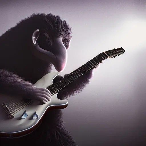 Prompt: a cinematic photo of a humanoid goat monster playing the guitar at a concert, movie still, fog, atmospheric, 4 k