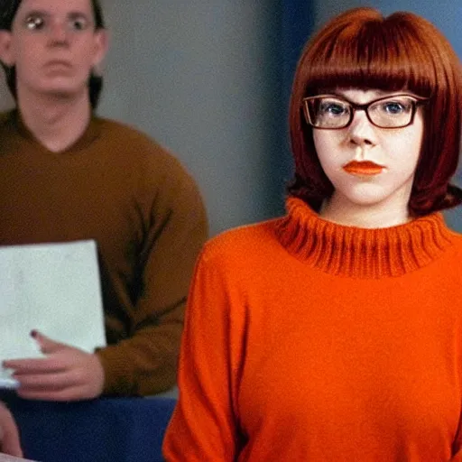 Image similar to Stunning Beautiful Portrait Scene of Velma Dinkley wearing her iconic orange sweater from Scooby Doo in court for falsely accusing someone of being a criminal by Greg Rutkowski. Velma is a teenage female, with chin-length auburn hair and freckles. She is somewhat obscured by her fashion choices, wearing a baggy, thick turtlenecked orange sweater, with a red skirt, knee length orange socks and black Mary Jane shoes. Soft render, Pixiv, artstation