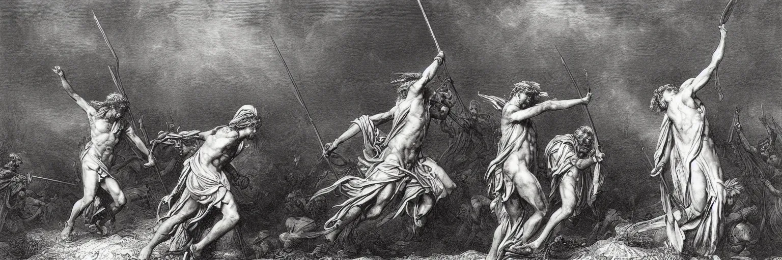 Prompt: the biblical david vs goliath, Gustave Dore lithography