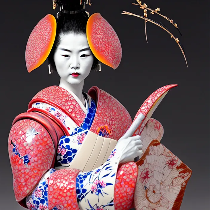 Image similar to ceramic cyborg geisha, ceramic armor with Kakiemon design with plums and stylized flowers in glaze and gilding, diffuse lighting, fantasy, intricate, elegant, highly detailed, lifelike, photorealistic, digital painting, artstation, illustration, concept art, smooth, sharp focus, art by John Collier and Albert Aublet and Krenz Cushart and Artem Demura and Alphonse Mucha