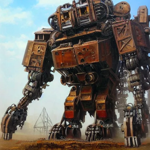 Image similar to oil painting of a huge rusting mech, that resembles a mechanical gorilla, highly detailed, complex, intricate by james gurney sleek, elegant, anime style