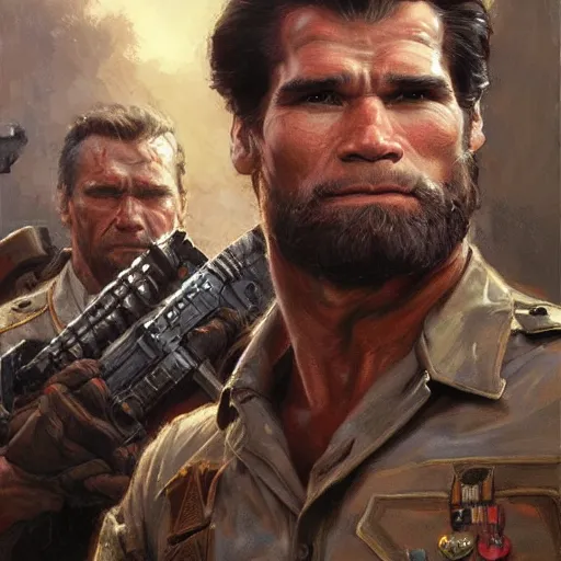 Image similar to Henry Caville and Arnold Schwarzenegger as soldiers, closeup character art by Donato Giancola, Craig Mullins, digital art, trending on artstation