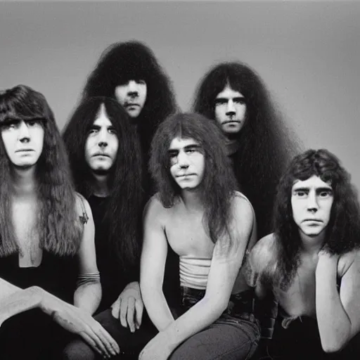 Image similar to Group of 19-year-old girls, permed hair, thick hair, heaviest metal band of 1970s, proto-metal, promo photo, band promo, 1971 16mm photograph