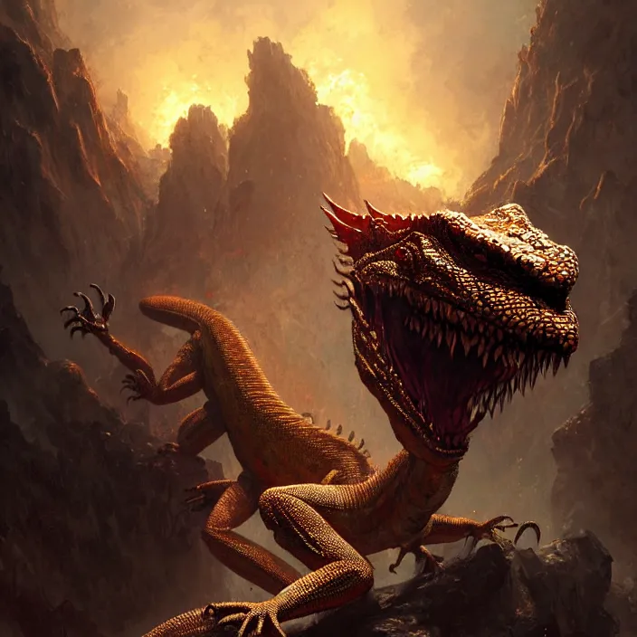 Image similar to 4k lizard demon screaming, art by greg rutkowski, art by craig mullins, art by thomas kincade, art by Yoshitaka Amano