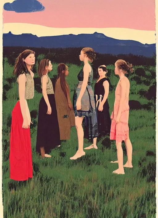 Prompt: composition by justine kurland, a zoomed out portrait of a group of beautiful diverse girls in diverse clothing in a scenic representation of mother nature and the meaning of life by billy childish, thick visible brush strokes, shadowy landscape painting in the background by beal gifford, vintage postcard illustration, minimalist cover art by mitchell hooks