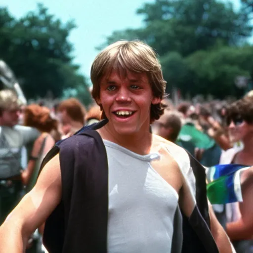 Image similar to rotj luke skywalker goes to pride, getty images, victorious, flags, parade, gay rights, bright smiles, daylight, twenty three year old luke skywalker at gay pride, 3 5 mm photography, played by young mark hamill, very happy, smiling