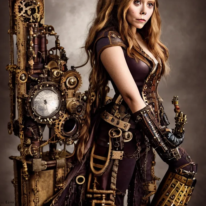 Prompt: full body photograph of elizabeth olsen as a steampunk warrior. extremely detailed. dslr. 8 5 mm.