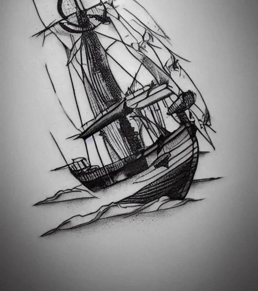 Prompt: A realistic tattoo design sketch of a pirate ship, paper background, black and white tattoo, highly detailed tattoo, shaded tattoo, hyper-realistic tattoo