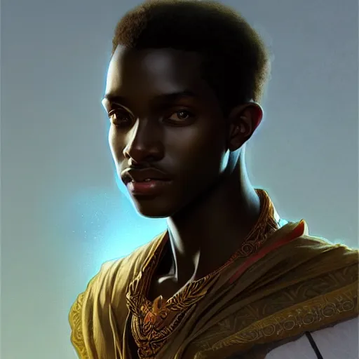 Prompt: illustration of a sudanese boy, d & d, fantasy, intricate, elegant, highly detailed, digital painting, artstation, concept art, smooth, sharp focus, illustration, art by artgerm and greg rutkowski and alphonse mucha