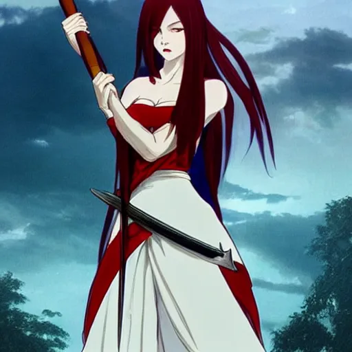 Prompt: dslr photo of beautiful erza scarlet wearing a elegant dress, standing holding a katana that is very detailed, portrait photo, real photo, real camera, extreme detailed face and body, high quality, moody lighting, fast paced lines, sharp quality, enchanting lighting, 8 k, art by alphonse mucha and greg rutkowski