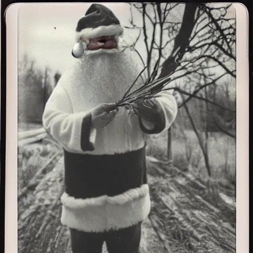 Prompt: candid 1981 polaroid photo of santa bringing you corn, distressed photo, horror vibe, unsettling