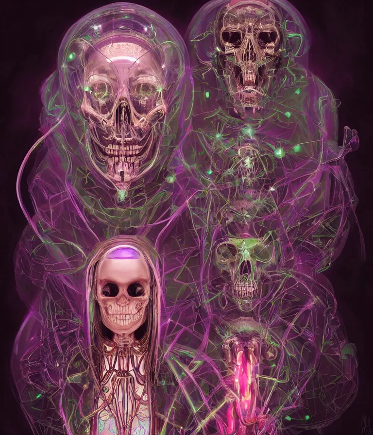 Image similar to fully symmetrical centered iridescent portrait of a beautiful princess of death in robe. skulls artificial muscles, ribcage, bones, hard surface modelling. cyberpunk look. biomechanical mask. bio luminescent biomechanical halo around head. neon jellyfish. artwork by jarold Sng by artgerm, by Eddie Mendoza, by Peter mohrbacher by tooth wu, unreal engine, octane render, cinematic light, high details, iridescent colors, dichroic, macro, depth of field, blur