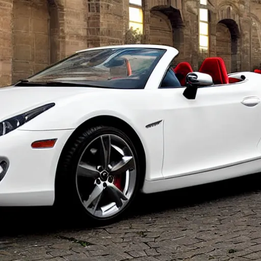 Prompt: a convertible sports car with seats covered in white fur