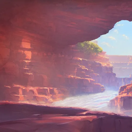 Prompt: concept art painting of a grand canyon filled with water, giant river, with stone bridge under construction realistic, detailed, cel shaded, in the style of makoto shinkai and greg rutkowski and james gurney