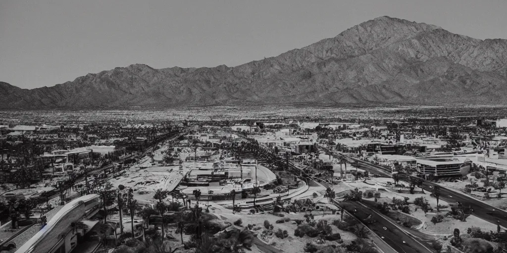 Prompt: palm springs as as futuristic city, sci fi, blade runner, cinematic, underexposed,