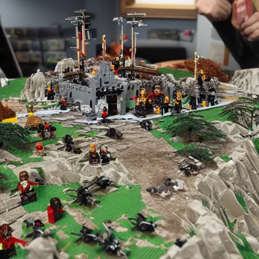 Image similar to lego diorama of the battle of Pelennor Fields in front of Minas Tirith