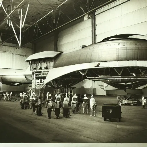 Image similar to dismantled ufo spaceship in hanger with people in hazmat suits standing around, grainy, vintage photo, sepia, old photo, realistic, detailed,