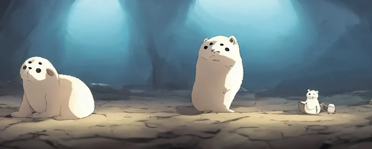 Image similar to a baby harp seal skeleton on the bank of a tropical river, atey ghailan, goro fujita, studio ghibli, rim light, dark lighting, clear focus, very coherent