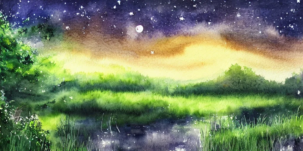 Prompt: nighttime nature landscape, lush, rich greenery, watercolor, ultra realistic, highly detailed, hd, sharp focus, warm colors, realistic, vivid colors, painting, non blurry, sharp, smooth, illustration