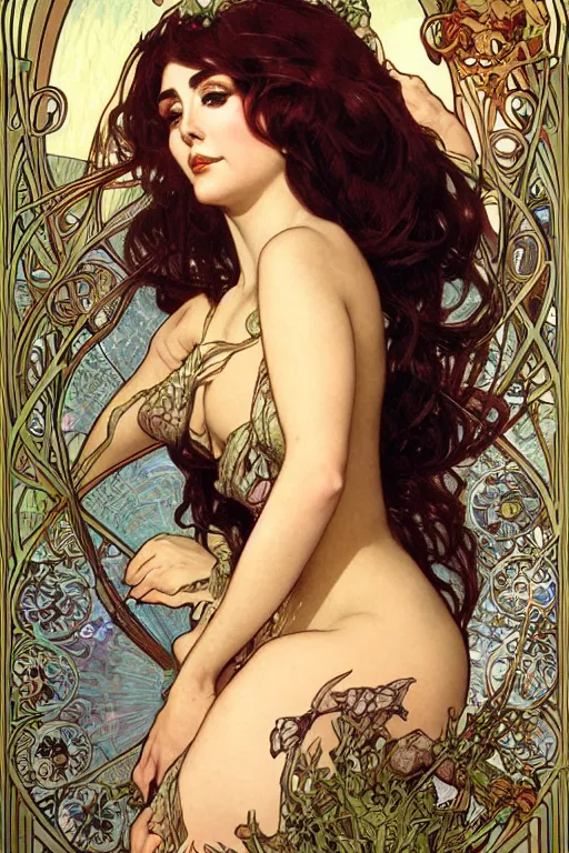 Prompt: realistic detailed face portrait of Mermaid Elizabeth Taylor, by Alphonse Mucha, Ayami Kojima, Amano, Charlie Bowater, Karol Bak, Greg Hildebrandt, Jean Delville, and Mark Brooks, Art Nouveau, Neo-Gothic, gothic, rich deep colors